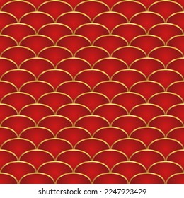 Traditional chinese fish scale seamless pattern. Red golden asian sea wave luxury ornament. Oriental, japanese background. Eastern vector motif. Template for cards, banner, poster and calendar.