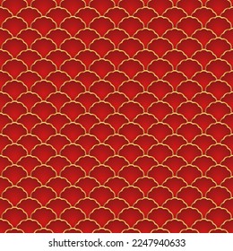 Traditional chinese fish scale seamless pattern. Red golden asian sea wave luxury ornament. Oriental, japanese background. Eastern vector motif. Template for cards, banner, poster and calendar.