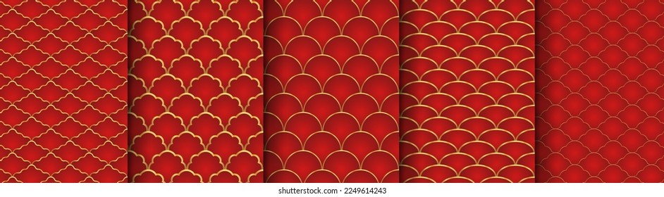 Traditional chinese fish scale seamless pattern. Red golden asian sea wave luxury ornament. Oriental, japanese background. Eastern vector motif. Template for cards, banner, poster and calendar.