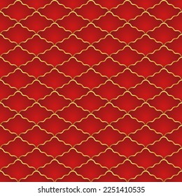 Traditional chinese fish scale seamless pattern. Red golden asian sea wave luxury ornament. Oriental, japanese background. Eastern vector motif. Template for cards, banner, poster and calendar.