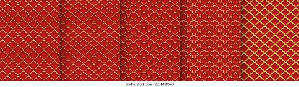 Traditional chinese fish scale seamless pattern. Red golden asian sea wave luxury ornament. Oriental, japanese background. Eastern vector motif. Template for cards, banner, poster and calendar.