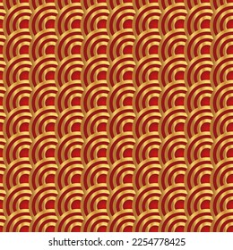 Traditional chinese fish scale seamless pattern. Red golden asian sea wave luxury ornament. Oriental, japanese background. Eastern vector motif. Template for cards, banner, poster and calendar.