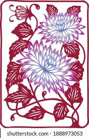 Traditional Chinese floral design with imitation dyed paper clipping in the form of a cartouche with chrysanthemum flowers. vector