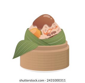 Traditional Chinese food, sticky rice wrapped in bamboo leaves, pork with egg yolk and sauce, vector illustration