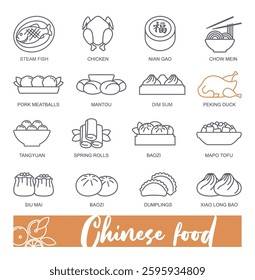 Traditional Chinese food. Thin line icons. Vector Illustration