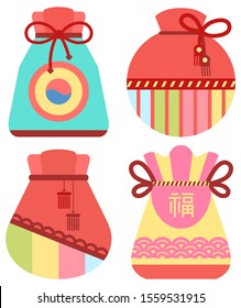 Traditional chinese fortune bag vector, isolated fabric cloth with thread stuffed with symbols of prosperity. Chinese lucky bag. Holiday in China and celebration special occasions, oriental traditions