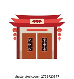 Puerta tradicional china con linternas rojas. Casa de la puerta principal. Casa China. Ilustración de puerta