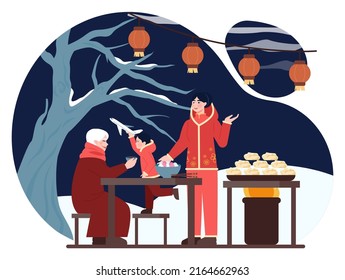 Traditional chinese holiday. Characters celebrate national asian festivity at year. Dongzhi festival, Tang Yuan with snowy winter landscape. Flat vector illustration