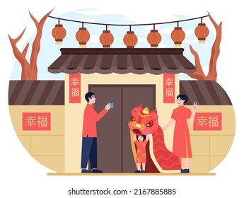 Traditional chinese holiday. Characters celebrate national asian festivity at different time of year with a dragon dance. Chinese New Year. Flat vector illustration