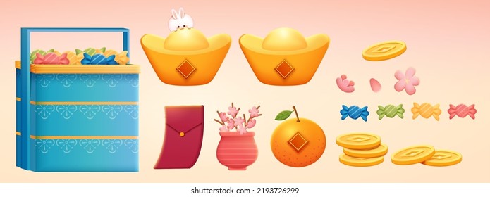 Traditional Chinese holiday objects, including coins, red envelope, sycee, orange, blossom and candy basket. Isolated on beige background.