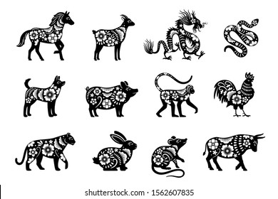 Traditional chinese horoscope with flowers. Chinese new year animals set, tiger and snake, dragon and pig vector mascot drawings with flora patterns svg