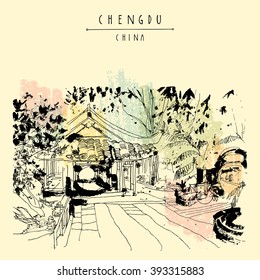 Traditional Chinese house in Chengdu, Sichuan province, China. Vintage hand drawn postcard or poster in vector