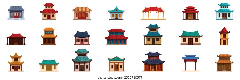 Traditional chinese house icons set. Set of colorful asian houses and temples showcasing oriental architecture with intricate details and vibrant colors