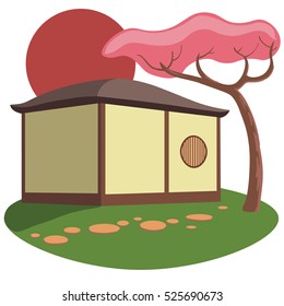 Traditional Chinese House. Red sun on white background. Japanese, Asian house. Oriental sakura cherry tree in blossom.  Vector illustration. Architecture, bower.