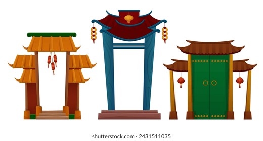 Traditional Chinese house or temple door with roof, stairs and lanterns. Cartoon vector illustration set of oriental building arch gate. Asian pavilion antique entrance with classic decoration.
