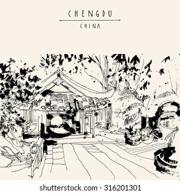 Traditional Chinese houses in Chengdu, Sichuan province, China. Vintage style travel poster, banner, postcard, coloring book or calendar page template