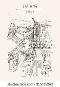 Traditional Chinese houses in Lijiang, Yunnan, China. Vintage style travel poster, banner, postcard, coloring book page template or calendar idea. Vector illustration