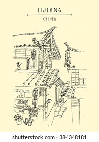 Traditional Chinese houses in Lijiang, Yunnan, China. Vintage style travel poster, banner, postcard or book illustration in vector