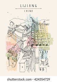 Traditional Chinese houses in Lijiang, Yunnan, China. Artistic hand drawing. Travel sketch. Vintage style travel poster, banner, postcard or calendar page template