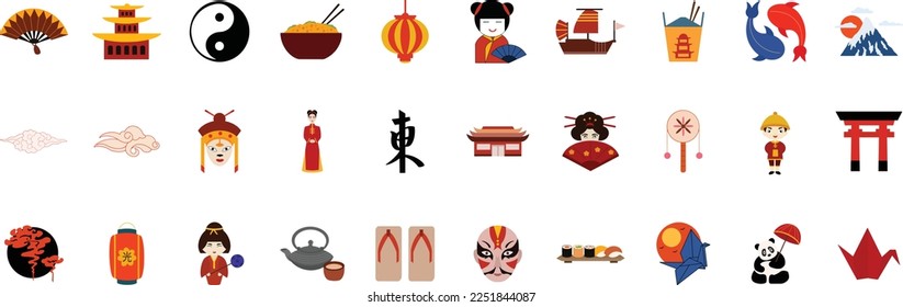 Traditional chinese icon set. hand drawn vector illustration set in flat style. religious china symbols, animals, people and buildings. Tribal asian icons for travel and new year works. 