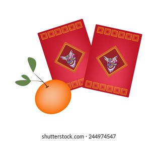 Traditional Chinese, Illustration of Chinese Ang Pao or Red Envelope and Ripe Orange for Chinese New Year Celebration. 