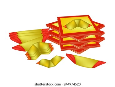 Traditional Chinese, Illustration of Chinese Gold Paper and Joss Paper or Ghost Money for Chinese New Year Celebration and Special Occasions. 