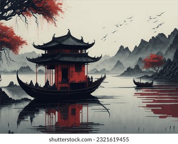 Traditional chinese ink red landscape. Painting of hills, trees on a textured paper. Old Asian, japanese design. 4k drawing. Beautiful artwork.