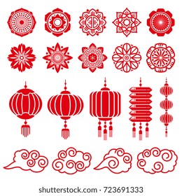 Traditional Chinese And Japanese Decorative Design Vector Elements. Japanese And Chinese Traditional Decoration Red Lantern Illustration