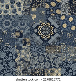 Traditional  Chinese Japanese fabric patchwork wallpaper abstract floral vector  seamless pattern 