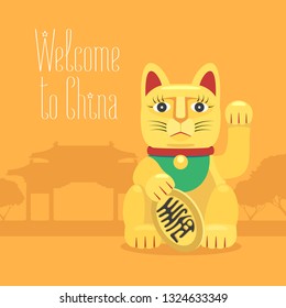 Traditional Chinese, Japanese maneki neko lucky cat  vector illustration. Travel to China, Japan concept design, background with beckoning cat 