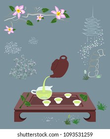 Traditional chinese or japanese tea ceremony in Zen garden with teapot, creamer, teacups, wooden table on a grey background. Stylish design of decor, poster, flyer, menu for tea store, restaurant