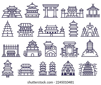 Traditional Chinese and Japanese temples and palaces icons. Asian historic buildings collection including pagoda, fortress, samurai castle and other architectural monuments in line art style.