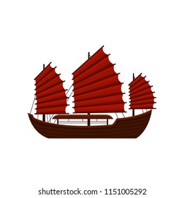 Traditional Chinese Junk Boat With Red Sails. Old Wooden Sailing Ship. Asian Marine Vessel. Symbol Of Hong Kong. Flat Vector Icon