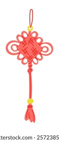 Traditional Chinese knot in red with decorative loops and tassels, with yellow accents, symbolizing luck and prosperity isolated on a white background. Vector illustration for Lunar New Year