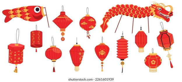 Linterna tradicional china. Caricatura asiática lámparas de papel tassel para la celebración de Año Nuevo, decoración de la calle del festival oriental. Conjunto vectorial de chino linterna, festival tradicional ilustración de vacaciones