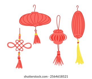 Traditional Chinese lanterns and decorative knot illustrations in vibrant red and gold, symbolizing good fortune, prosperity, and cultural heritage. Vector hand drawn drawing on white background