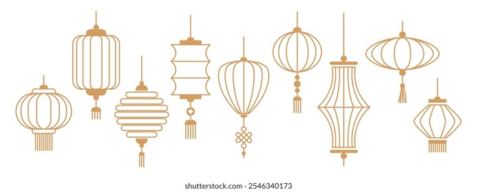 Lanternas chinesas tradicionais em diferentes formas. Ícones, símbolos e decoração do Ano Novo Chinês. Lanterna asiática clássica. Ilustração vetorial geométrico minimalista linear plana