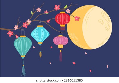 Traditional Chinese Lanterns and Full Moon Hanging on Blooming Sakura Branch. Mid-Autumn Festival Night Celebration Vector Illustration Isolated on Dark Blue Background.