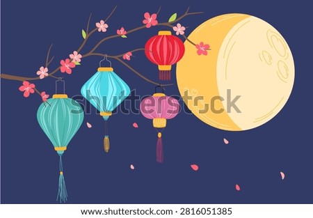 Traditional Chinese Lanterns and Full Moon Hanging on Blooming Sakura Branch. Mid-Autumn Festival Night Celebration Vector Illustration Isolated on Dark Blue Background.
