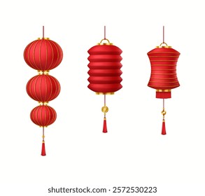 Traditional Chinese lanterns for holiday event realistic color icons set. Red Asian paper lamps with tassels and coins 3d objects bundle on white