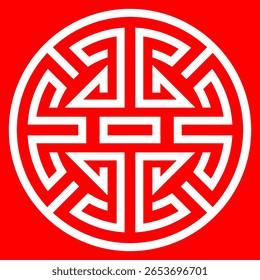 Símbolo tradicional chinês de longevidade em negrito vermelho e branco circular Geometric Design para celebrações culturais e decoração.