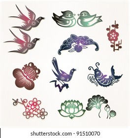 Traditional Chinese lucky symbols: Lovebirds, Mandarin ducks(Loyal love); Bat(Lucky); Plum flower(Good fortune); Goldfish(Abundant); Magpie(Happiness); Carp(Bright prospect); Lotus(Harmony)