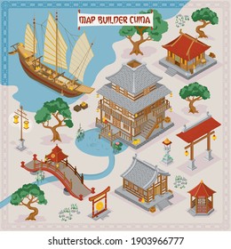 Traditional Chinese map builder illustrations of architecture building elements in isometric isolated vector illustration