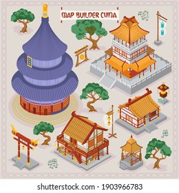 Traditional Chinese map builder illustrations of architecture building elements in isometric isolated vector illustration