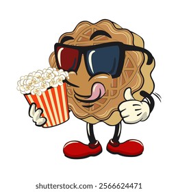 traditional chinese moon cake cartoon isolated vector illustration character mascot with a bucket of popcorn with wearing 3d glasses, work of hand drawn