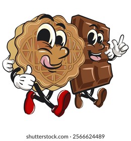 traditional chinese moon cake cartoon isolated vector illustration character mascot walk with a chocolate bar character while giving thumbs up, work of hand drawn