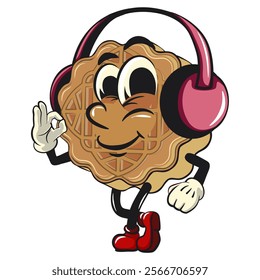 traditional chinese moon cake cartoon isolated vector illustration character mascot listening to headset while dancing, work of hand drawn