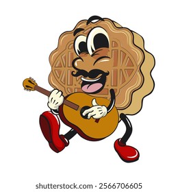 traditional chinese moon cake cartoon isolated vector illustration character mascot moustache playing guitar, work of hand drawn