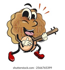 traditional chinese moon cake cartoon isolated vector illustration character mascot playing the banjo musical instrument, work of hand drawn