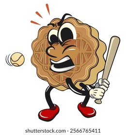 traditional chinese moon cake cartoon isolated vector illustration character mascot playing baseball ready to hit the ball with the bat, work of hand drawn